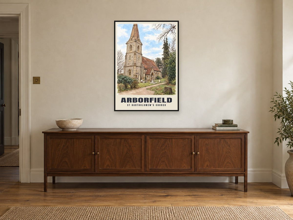 St Bartholomew's Church, Arborfield Poster at A1, in a black frame, above a sideboard