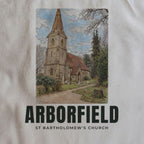 Close-up of the St Bartholomew's Church, Arborfield drawing and lettering printed on natural cotton