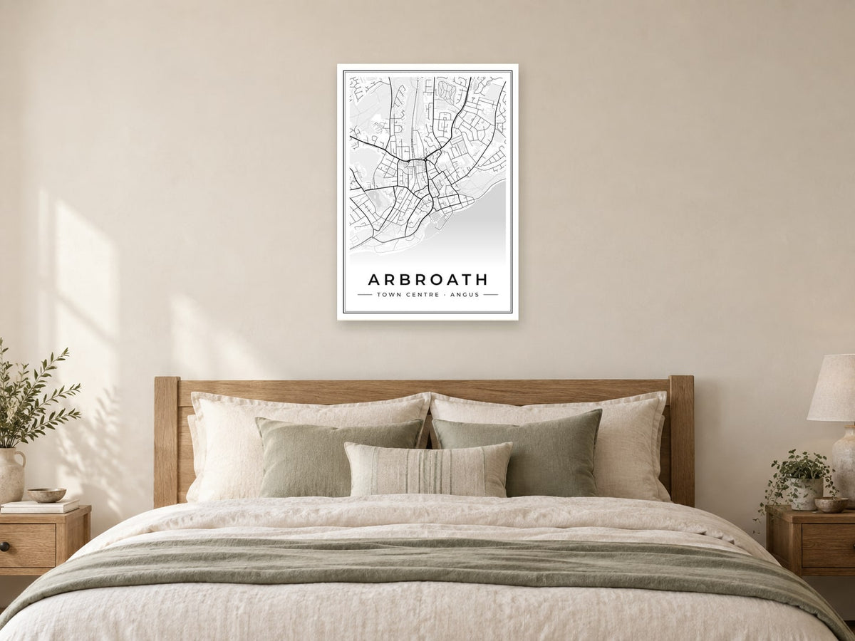 Arbroath Town Centre Street Map Poster at A1, as a poster, above a bed