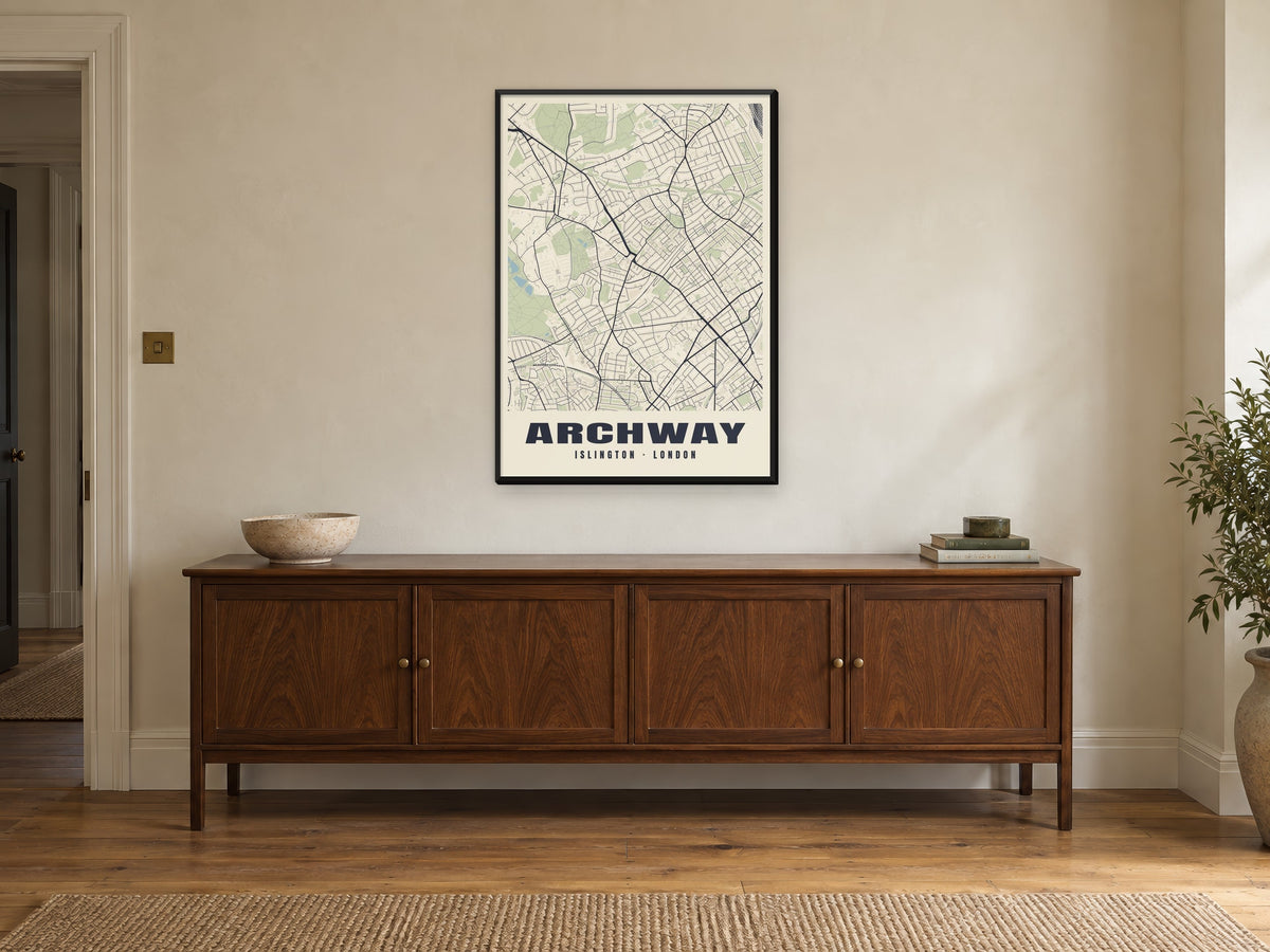 Archway Heritage Street Map Poster at A1, in a black frame, above a sideboard