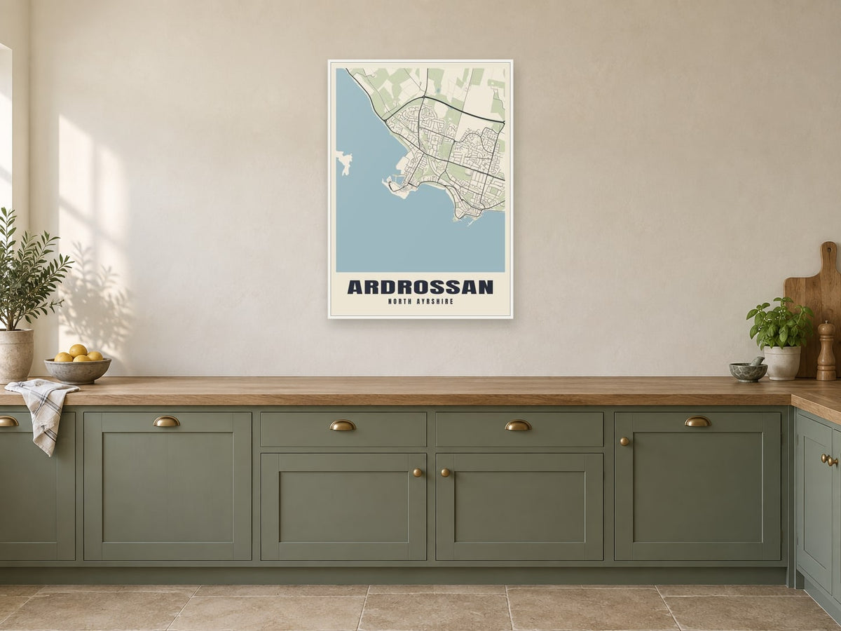 Ardrossan Street Map Poster at A1, in a white frame, in a kitchen