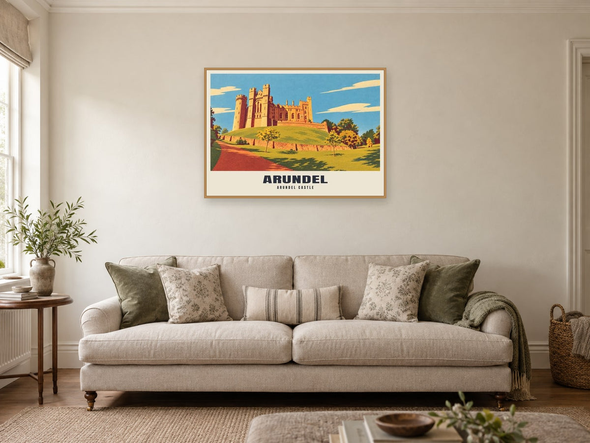Arundel Castle Poster at A1, in a natural wood frame, in a sitting room