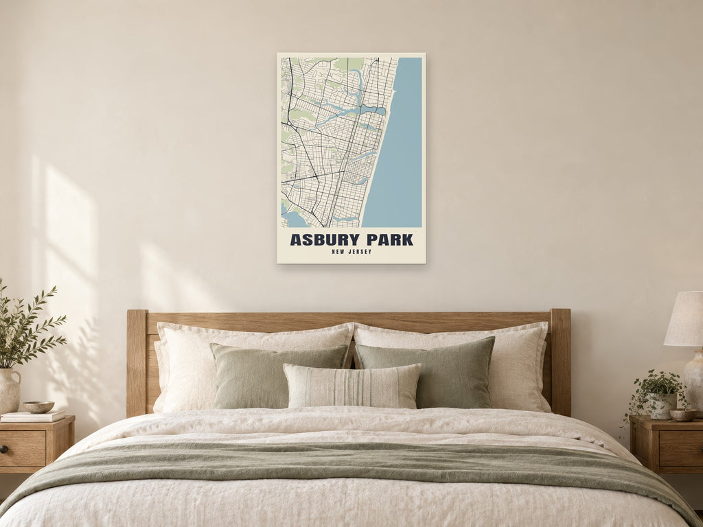 Asbury Park Street Map Poster at A1, as a poster, above a bed