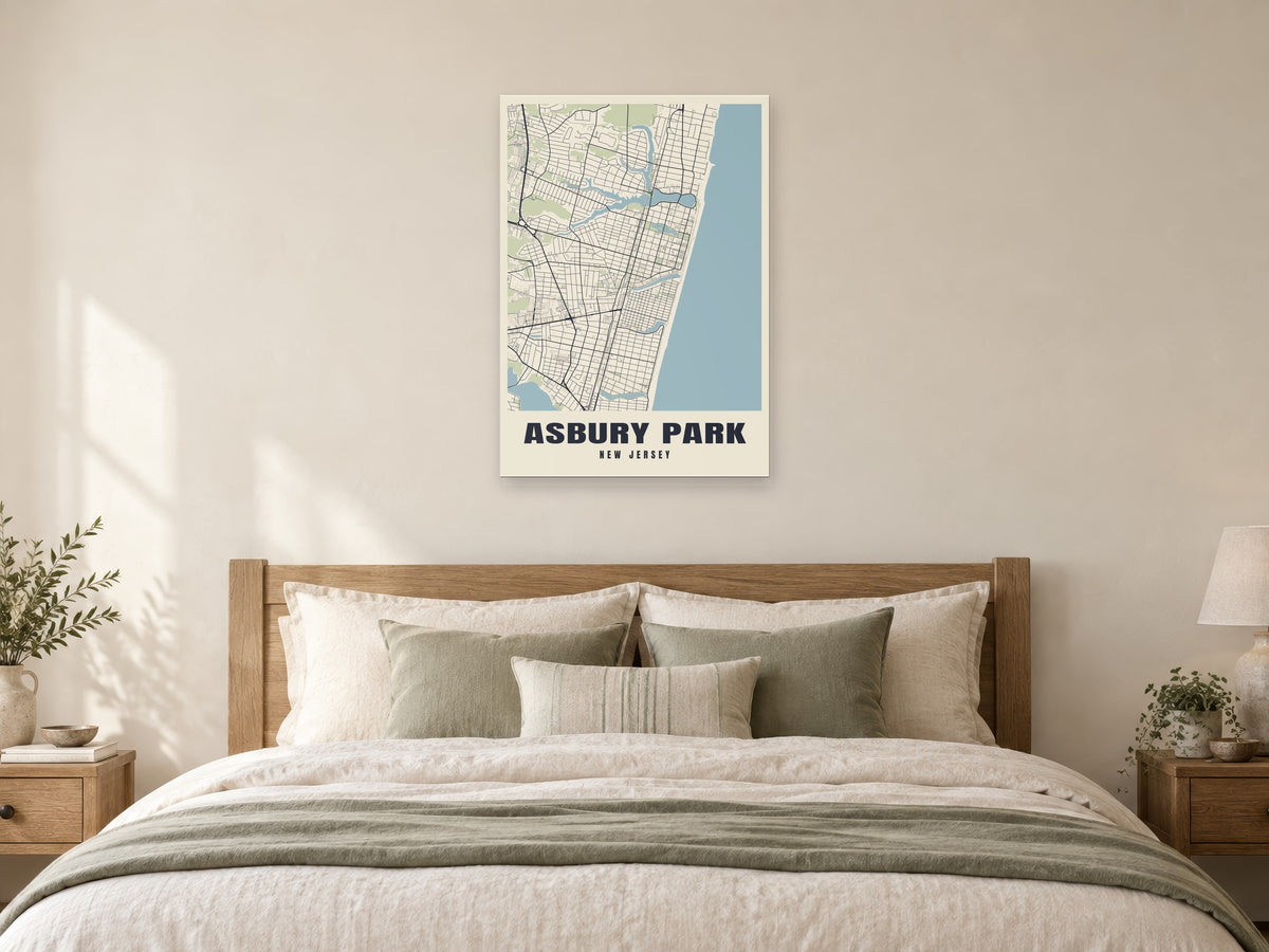 Asbury Park Street Map Poster at A1, as a poster, above a bed