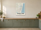 Asbury Park Street Map Poster at A1, in a white frame, in a kitchen