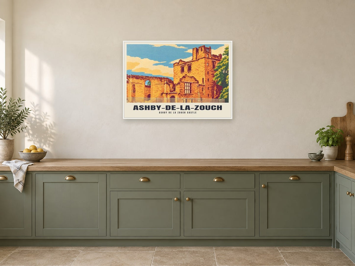 Ashby de la Zouch Castle, Ashby-de-la-Zouch Poster at A1, in a white frame, in a kitchen