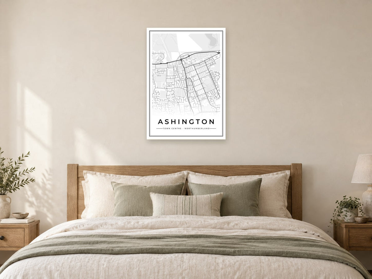 Ashington Town Centre Street Map Poster at A1, as a poster, above a bed