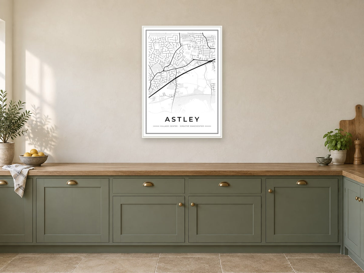 Astley Village Centre Street Map Poster at A1, in a white frame, in a kitchen