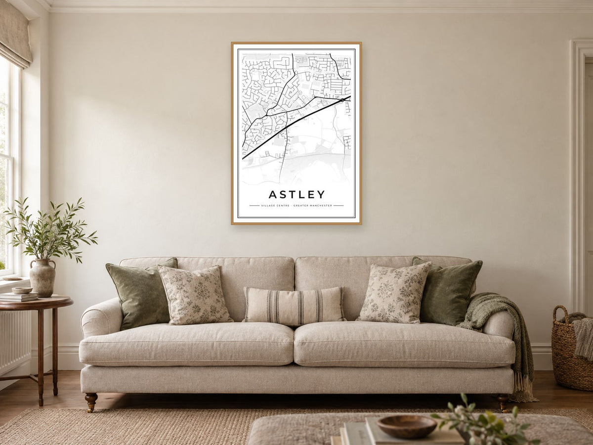 Astley Village Centre Street Map Poster at A1, in a natural wood frame, in a sitting room
