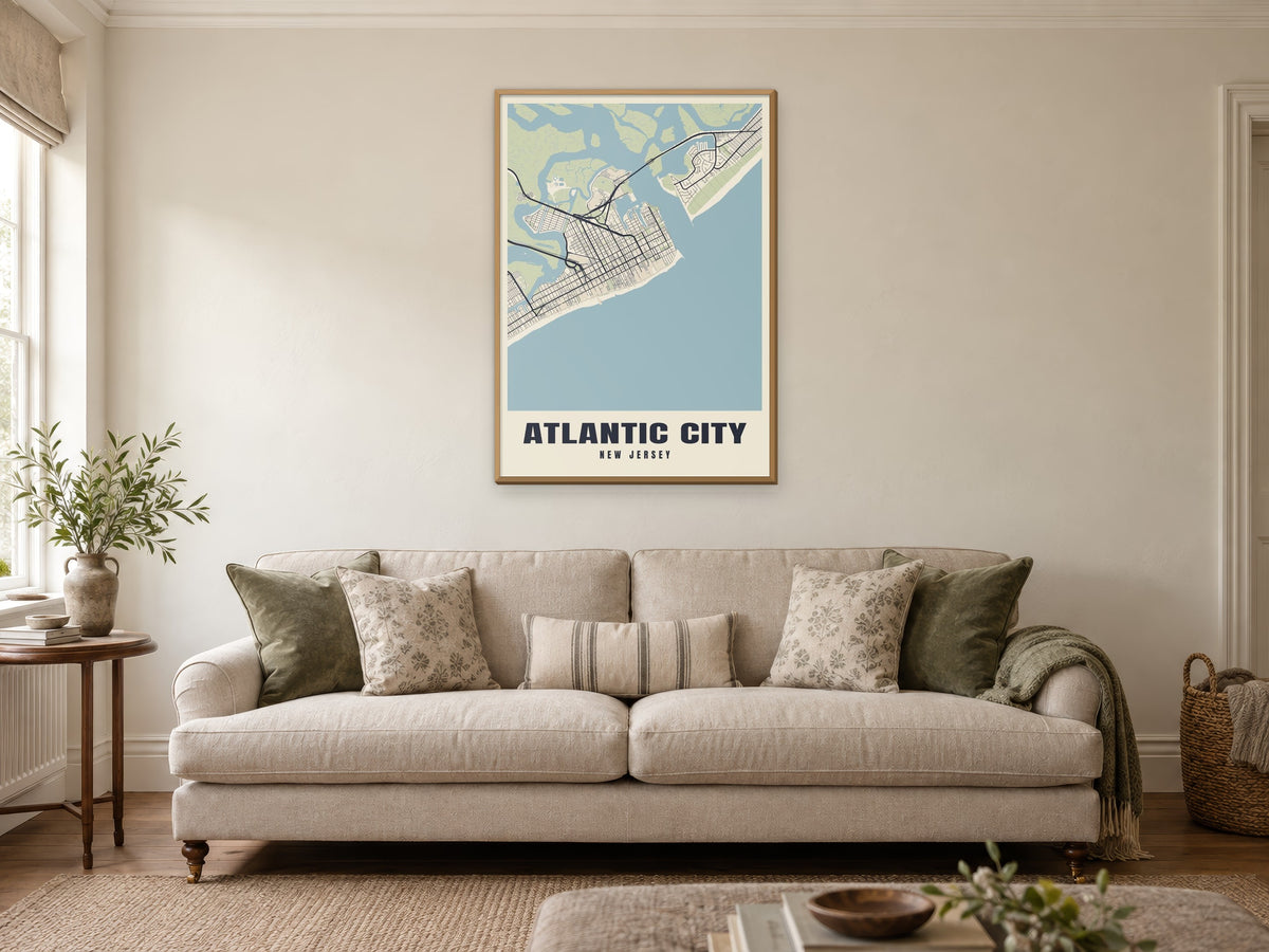 Atlantic City Street Map Poster at A1, in a natural wood frame, in a sitting room
