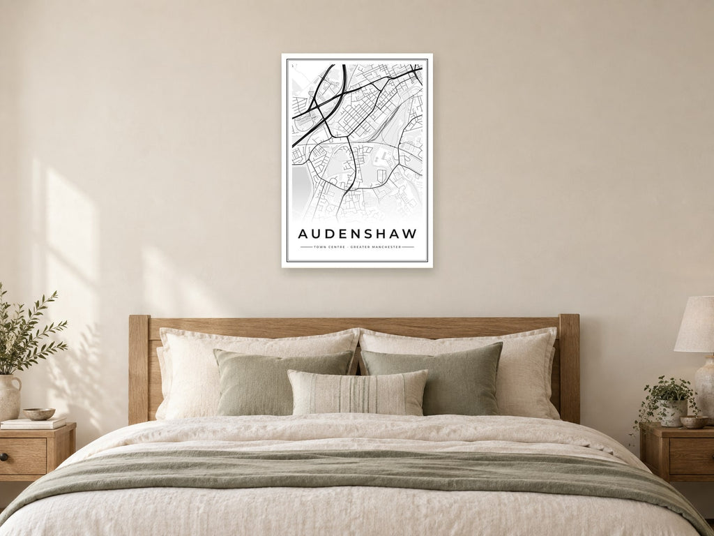 Audenshaw Town Centre Street Map Poster at A1, as a poster, above a bed