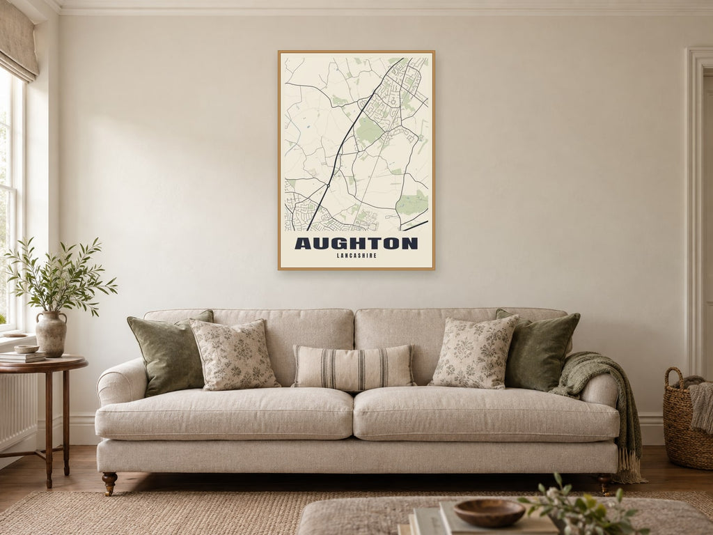 Aughton Street Map Poster at A1, in a natural wood frame, in a sitting room