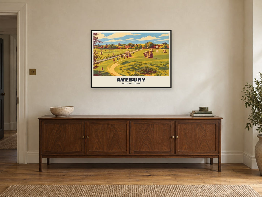 The Stone Circle, Avebury Poster at A1, in a black frame, above a sideboard