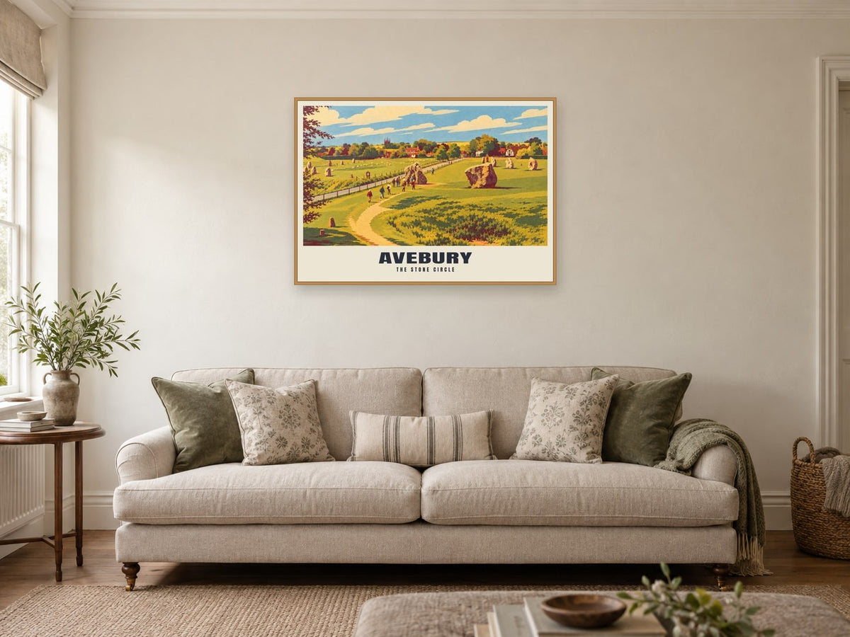 The Stone Circle, Avebury Poster at A1, in a natural wood frame, in a sitting room