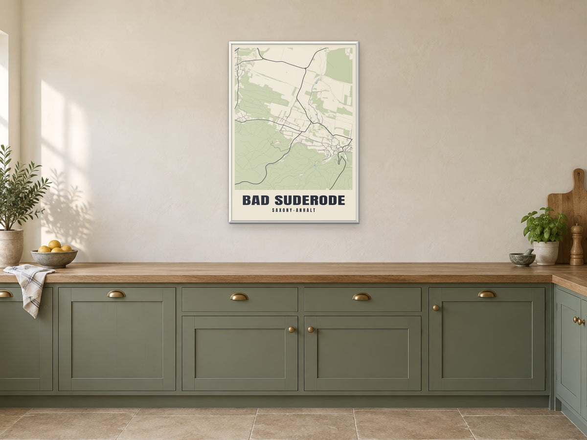 Bad Suderode Street Map Poster at A1, in a white frame, in a kitchen