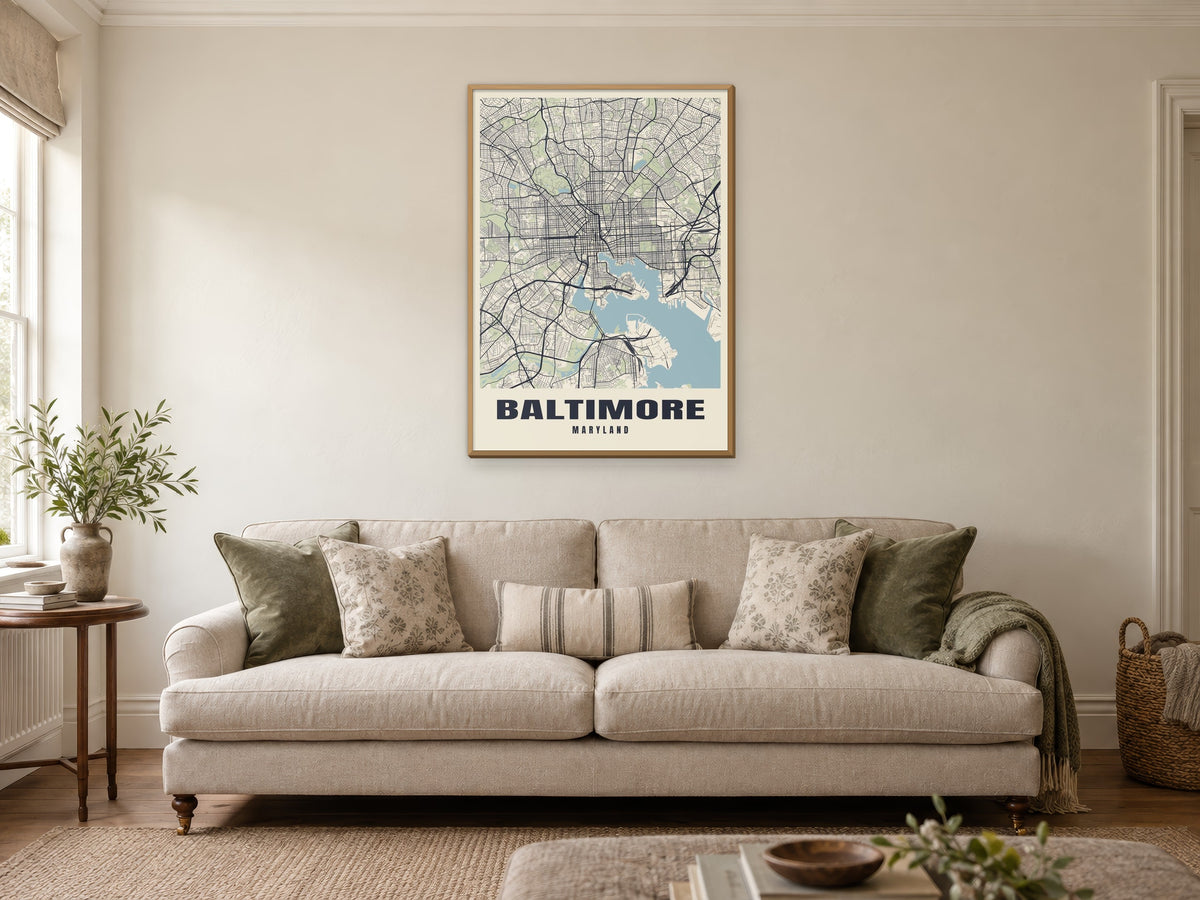 Baltimore Street Map Poster at A1, in a natural wood frame, in a sitting room