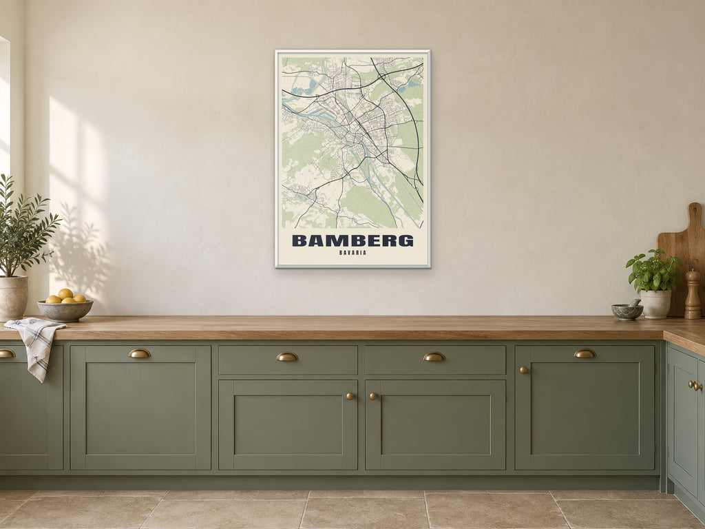 Bamberg Street Map Poster at A1, in a white frame, in a kitchen