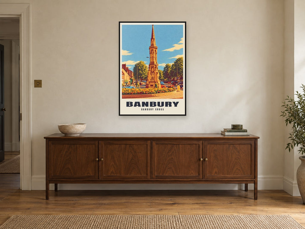 Banbury Cross Poster at A1, in a black frame, above a sideboard