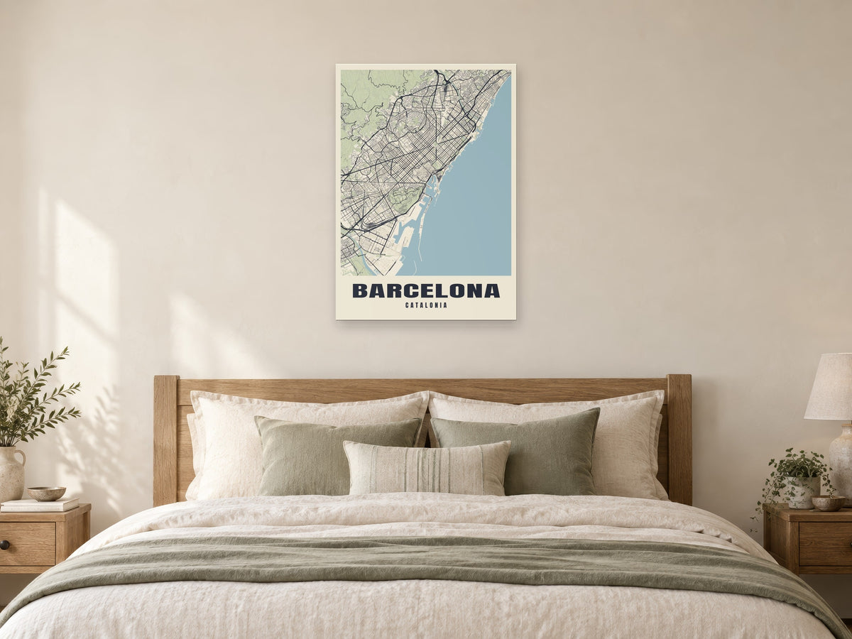 Barcelona Street Map Poster at A1, as a poster, above a bed