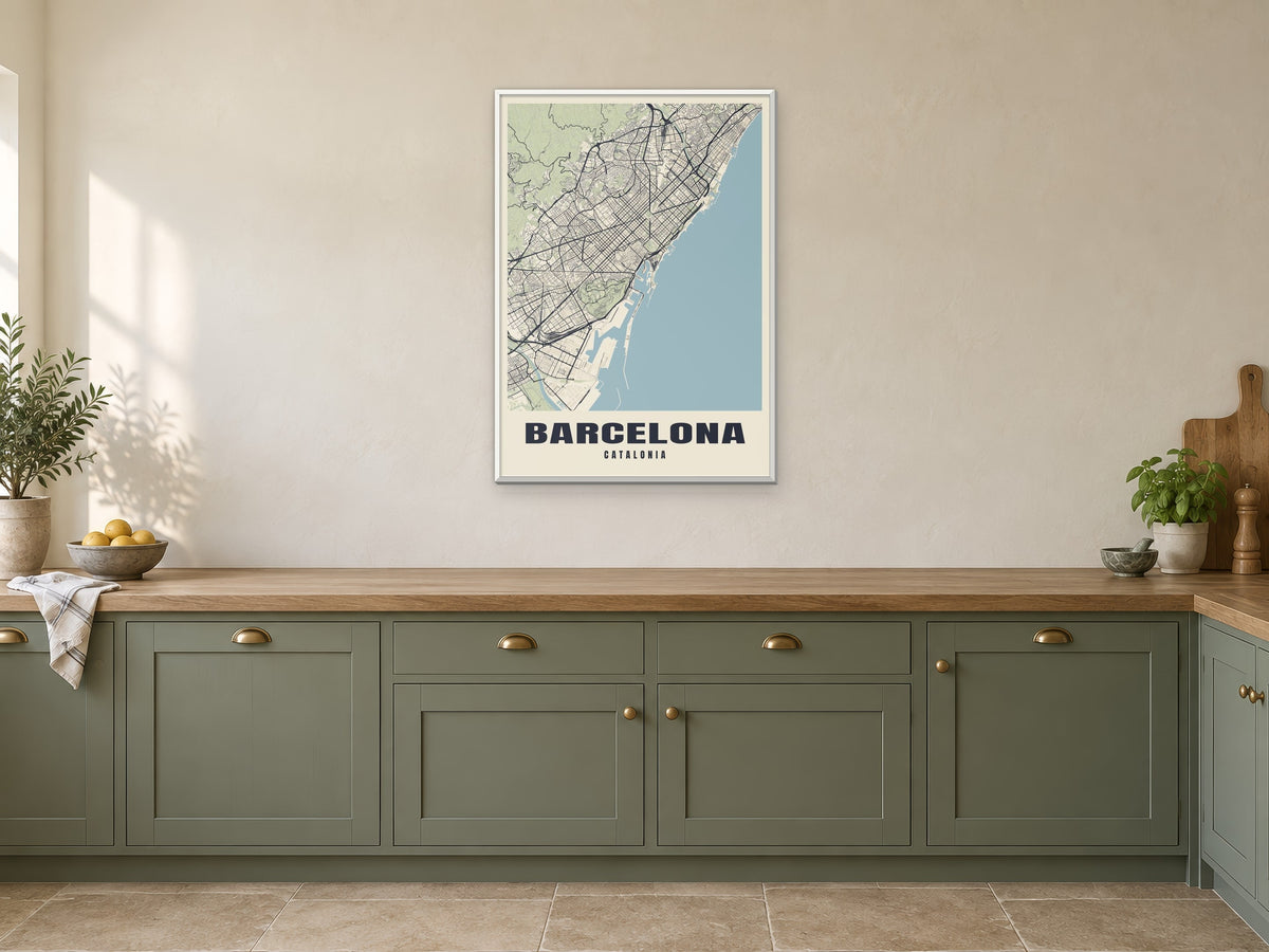 Barcelona Street Map Poster at A1, in a white frame, in a kitchen