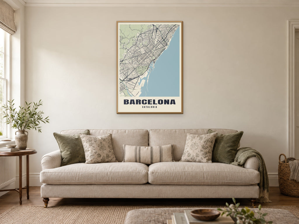 Barcelona Street Map Poster at A1, in a natural wood frame, in a sitting room
