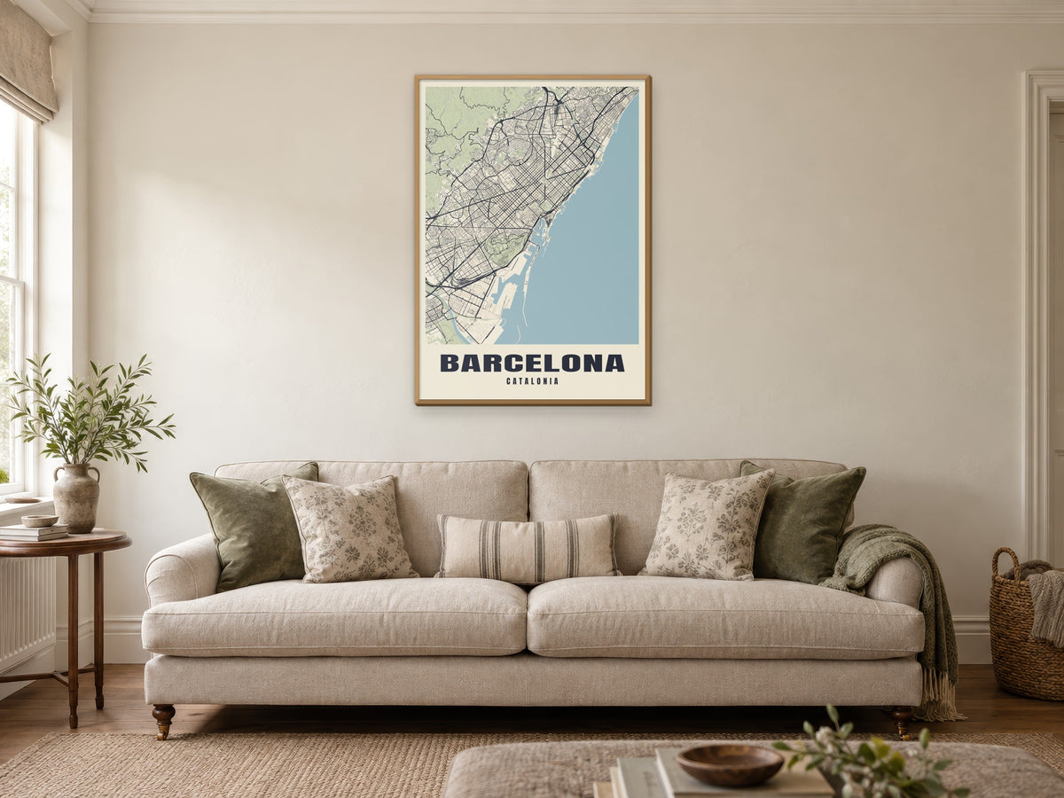 Barcelona Street Map Poster at A1, in a natural wood frame, in a sitting room