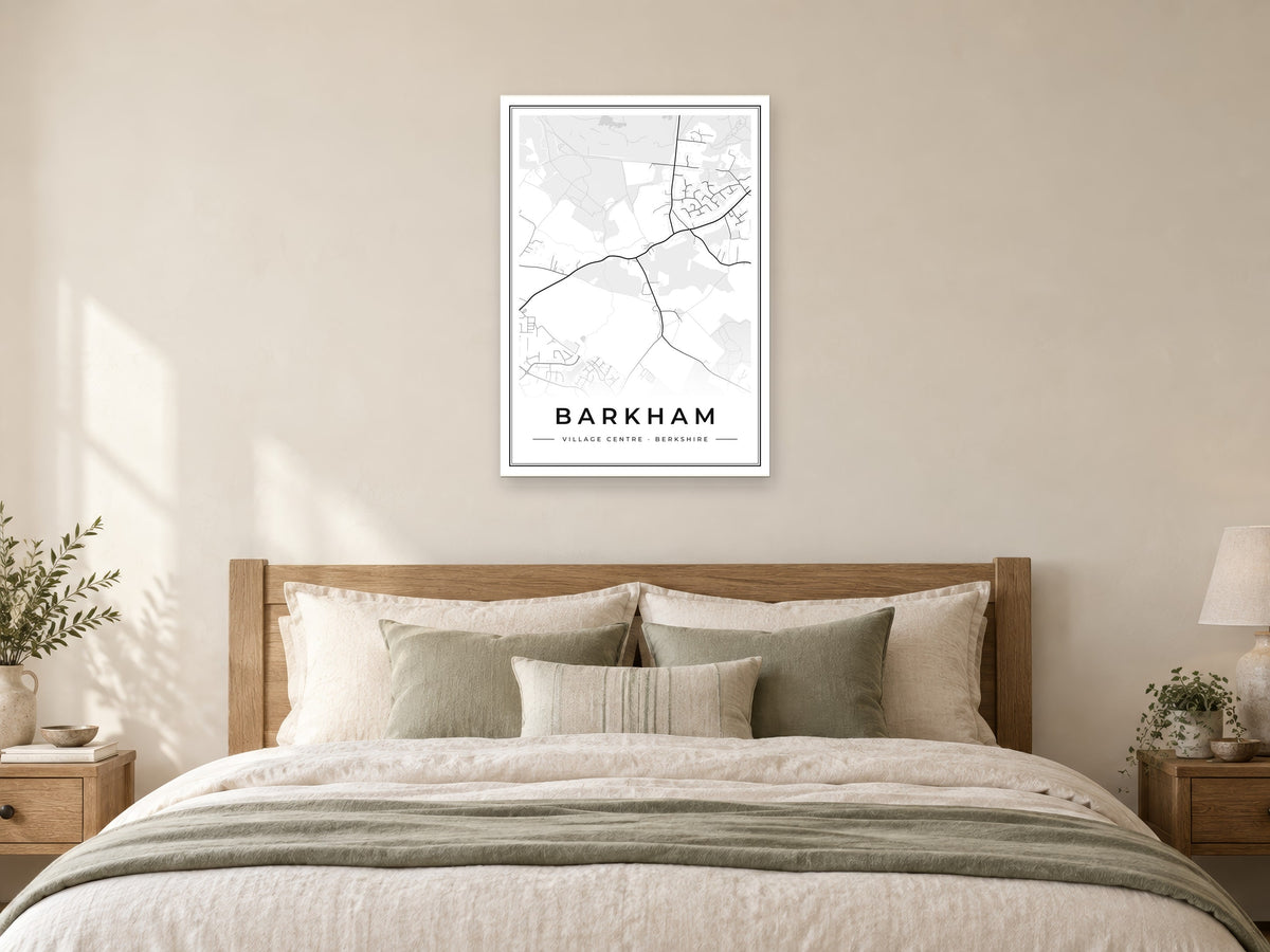 Barkham Village Centre Street Map Poster at A1, as a poster, above a bed