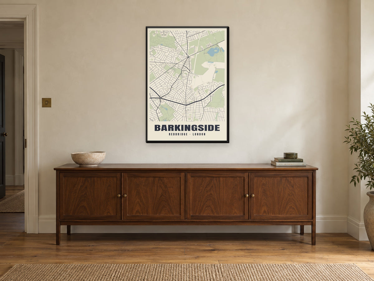 Barkingside Heritage Street Map Poster at A1, in a black frame, above a sideboard