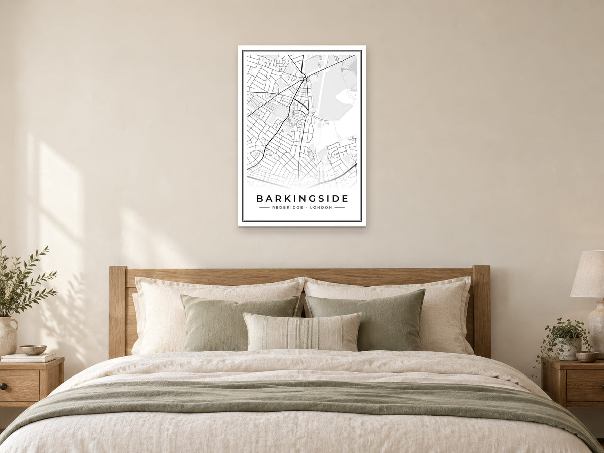 Barkingside Street Map Poster at A1, as a poster, above a bed