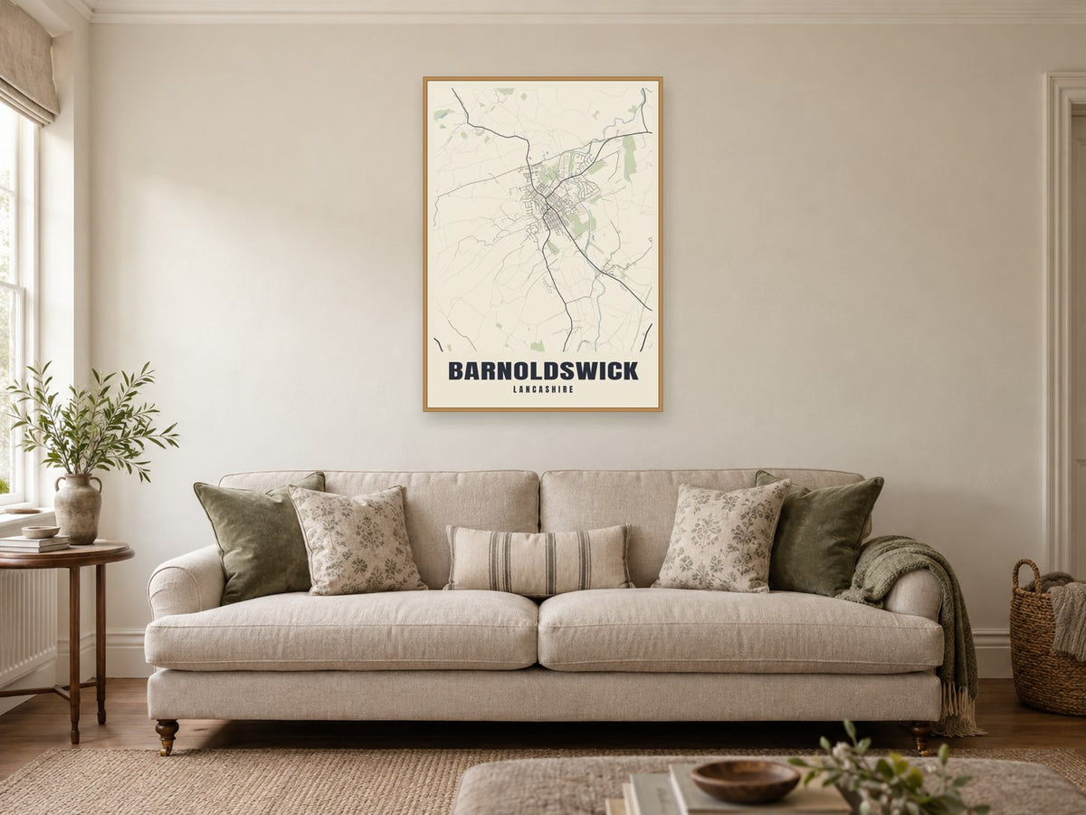 Barnoldswick Street Map Poster at A1, in a natural wood frame, in a sitting room