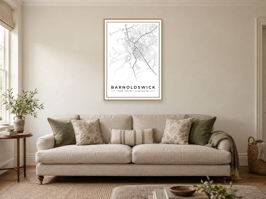 Barnoldswick Town Centre Street Map Poster at A1, in a natural wood frame, in a sitting room