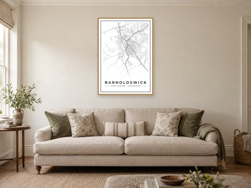 Barnoldswick Town Centre Street Map Poster at A1, in a natural wood frame, in a sitting room