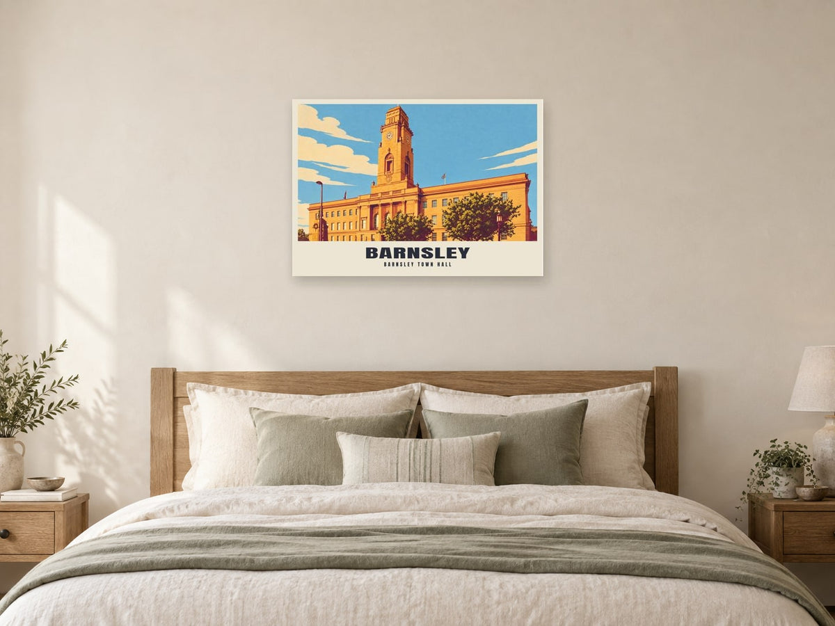 Barnsley Town Hall Poster at A1, as a poster, above a bed