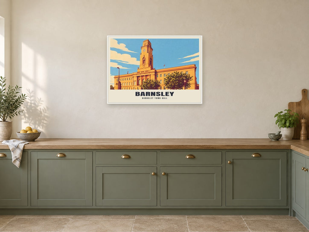 Barnsley Town Hall Poster at A1, in a white frame, in a kitchen