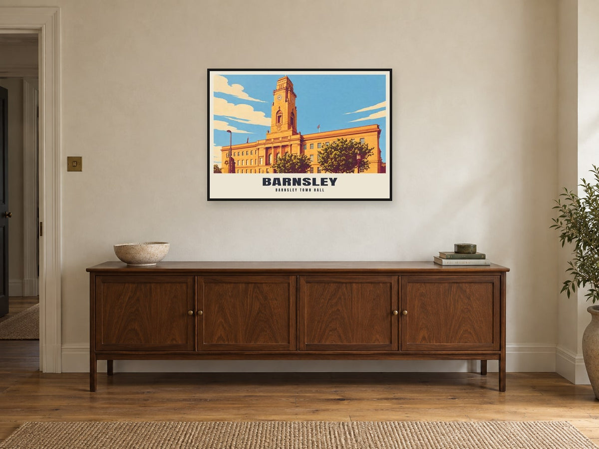 Barnsley Town Hall Poster at A1, in a black frame, above a sideboard