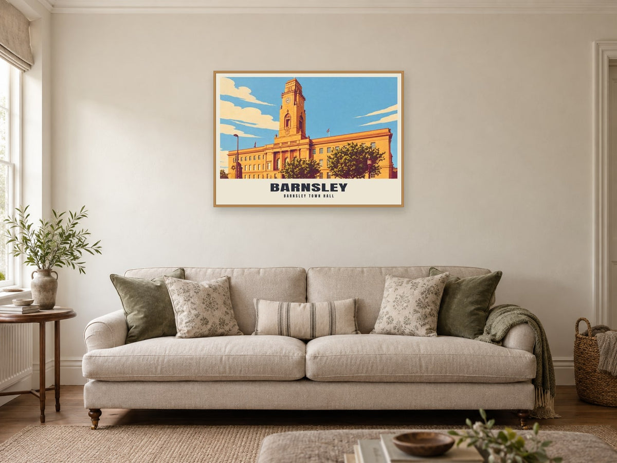 Barnsley Town Hall Poster at A1, in a natural wood frame, in a sitting room
