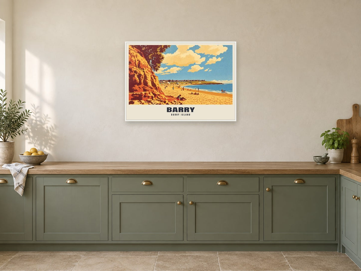Barry Island Poster at A1, in a white frame, in a kitchen