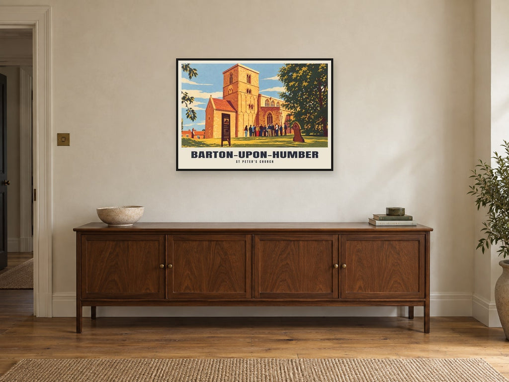St Peter's Church, Barton-upon-Humber Poster at A1, in a black frame, above a sideboard