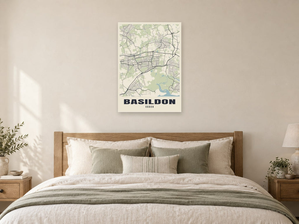 Basildon Street Map Poster at A1, as a poster, above a bed