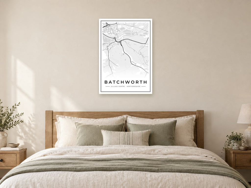 Batchworth Village Centre Street Map Poster at A1, as a poster, above a bed