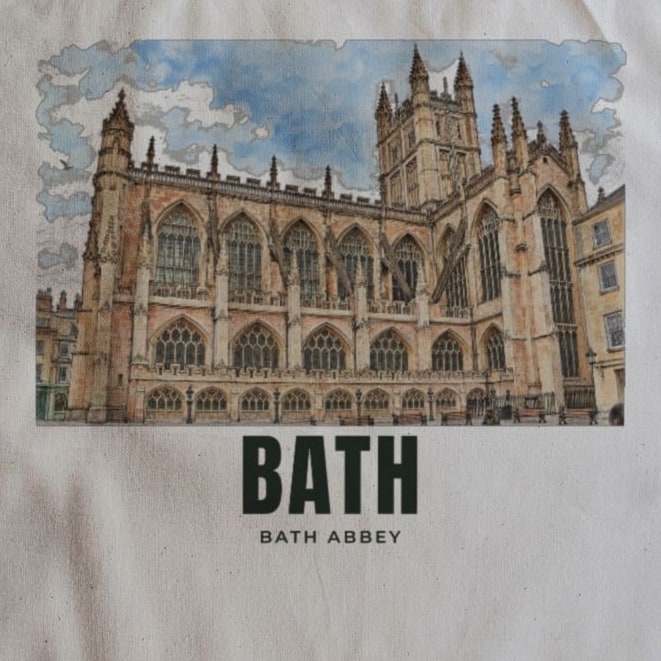 Close-up of the Bath Abbey drawing and lettering printed on natural cotton