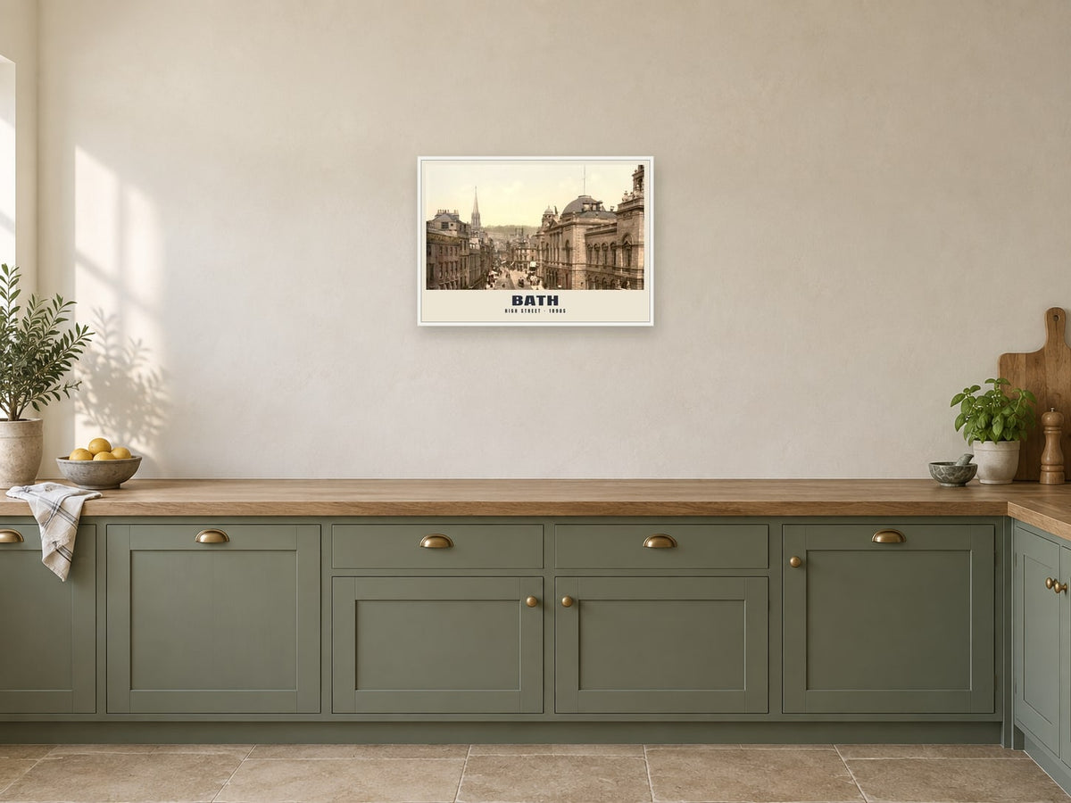 High Street, Bath, 1890s Heritage Print at A2, in a white frame, in a kitchen
