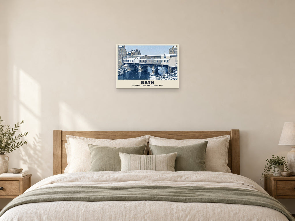 Pulteney Bridge and Pulteney Weir, Bath Winter Poster at A2, as a poster, above a bed