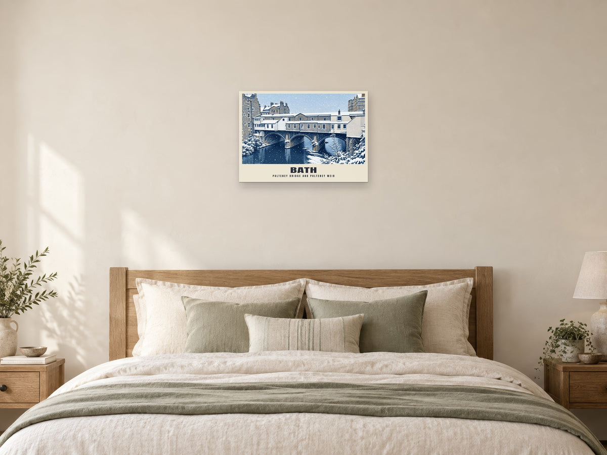 Pulteney Bridge and Pulteney Weir, Bath Winter Poster at A2, as a poster, above a bed