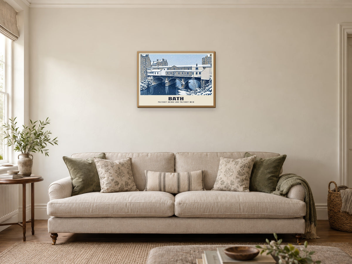 Pulteney Bridge and Pulteney Weir, Bath Winter Poster at A2, in a natural wood frame, in a sitting room