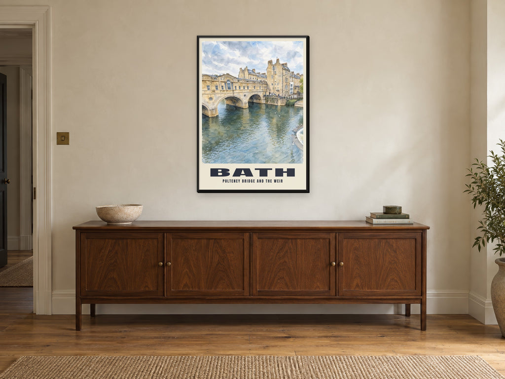 Pulteney Bridge, Bath Poster at A1, in a black frame, above a sideboard