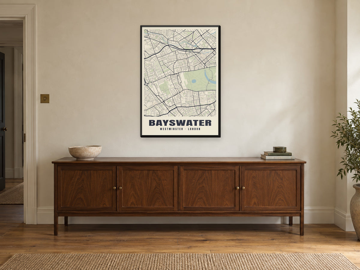 Bayswater Heritage Street Map Poster at A1, in a black frame, above a sideboard