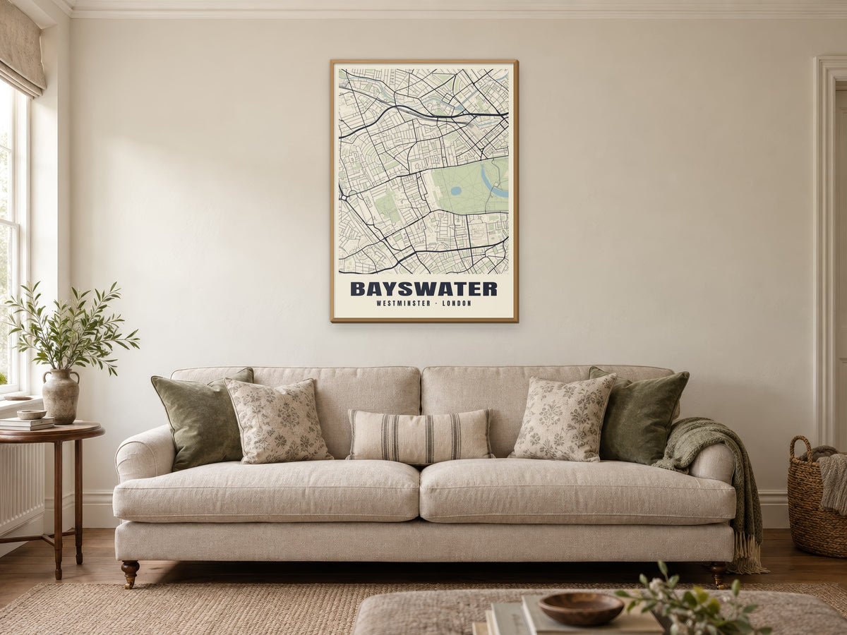 Bayswater Heritage Street Map Poster at A1, in a natural wood frame, in a sitting room
