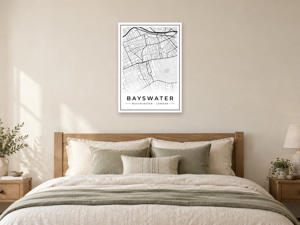 Bayswater Street Map Poster at A1, as a poster, above a bed
