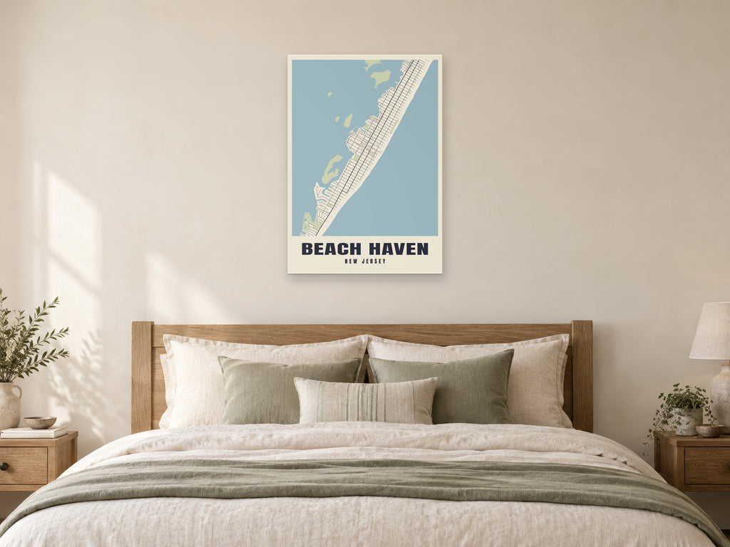 Beach Haven Street Map Poster at A1, as a poster, above a bed